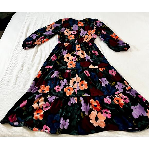 Clover and Sloane Long Sleeve Tiered Midi Black & Floral Dress Women's US 4 - Picture 7 of 7
